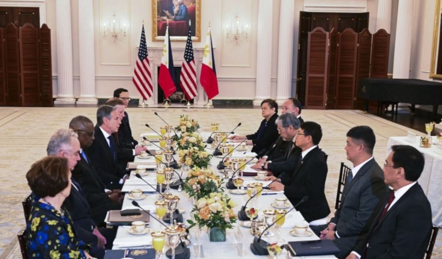 Gilberto Teodoro and Enrique Manalo meet with Antony Blinken and Lloyd Austin at the State Department in Washington, DC on April 12. (AFP/Getty Images)