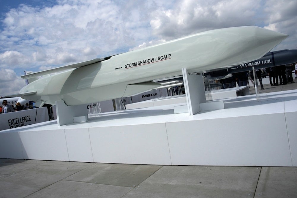 The Storm Shadow cruise missile is on display during the Paris Air Show in Le Bourget, north of Paris, France, on June 19, 2023. (AP)