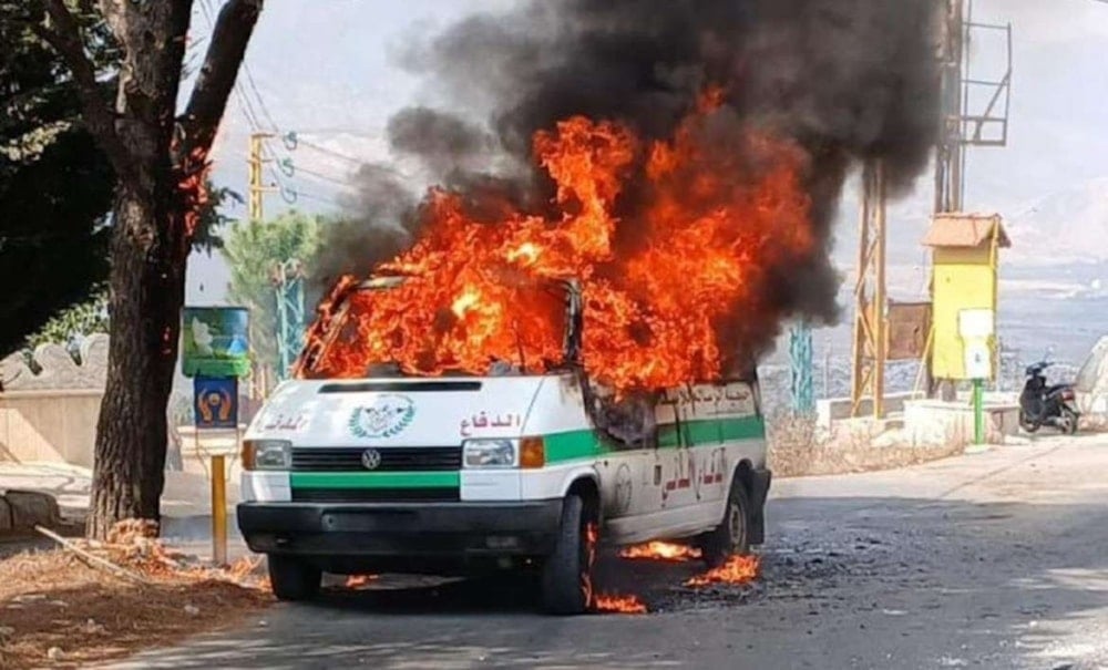 Israeli forces strike an ambulance in Sohmor village, Bekaa Valley, on September 24, 2024. (Social media/X)