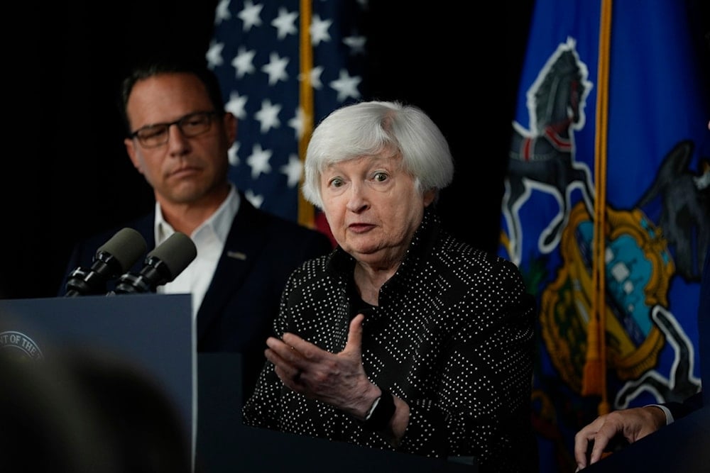 US Treasury Secretary Janet Yellen, accompanied by Pennsylvania Governor Josh Shapiro, speaks during a news conference in Philadelphia, Tuesday, July 30, 2024 (AP)