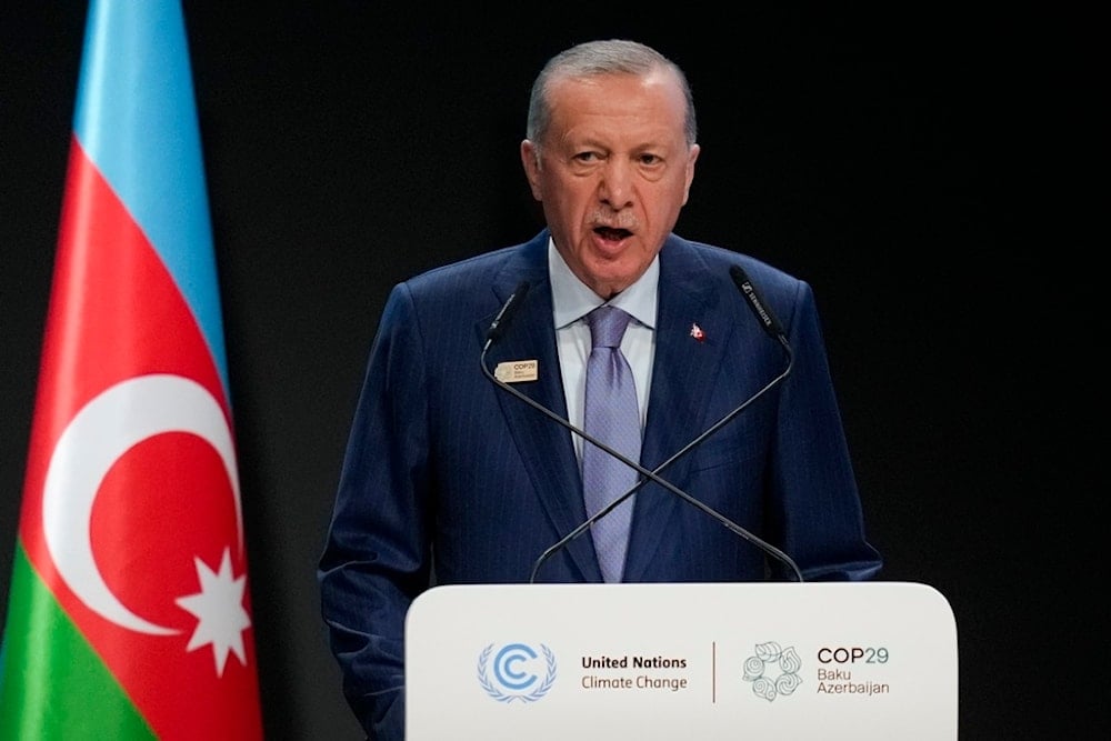 Turkey President Recep Tayyip Erdogan speaks during a plenary session at the COP29 U.N. Climate Summit, Tuesday, Nov. 12, 2024, in Baku, Azerbaijan. (AP)