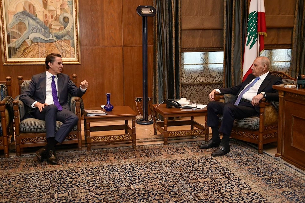  Lebanese Parliament Speaker Nabih Berri (R) meets with US special envoy Amos Hochstein in Beirut on November 19, 2024. (AFP)