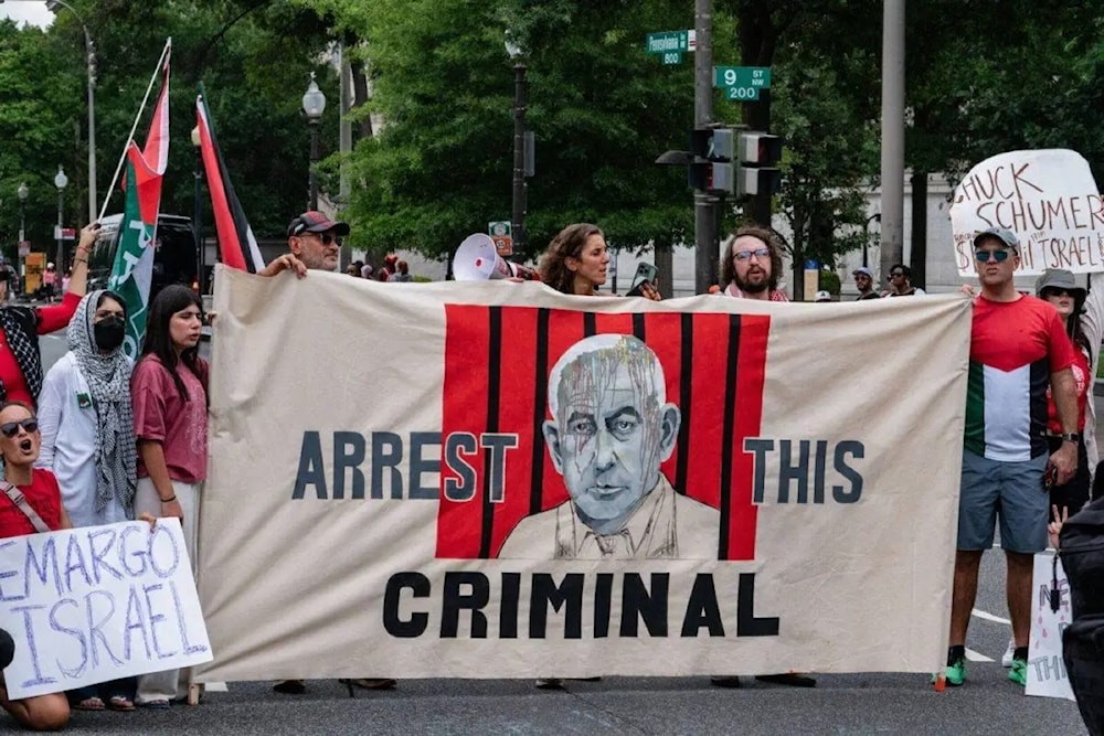  Pro-Palestinian demonstrators protest near the US Capitol as Israeli Prime Minister Benjamin Netanyahu addresses a joint meeting of Congress in Washington, DC on July 24, 2024. (AFP via Getty Images)