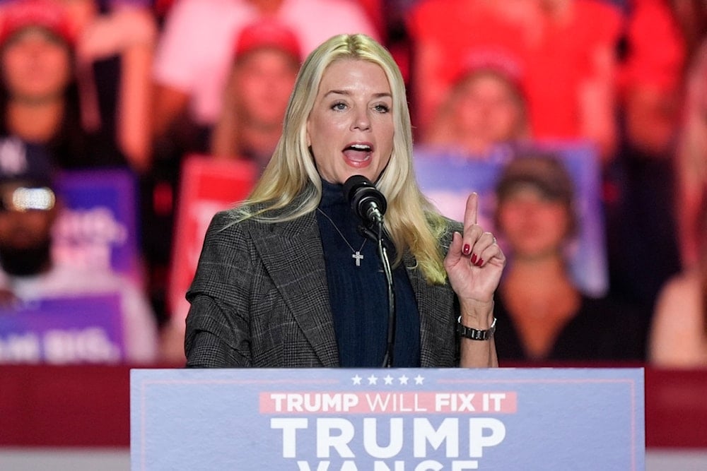 Former Florida Attorney General Pam Bondi, speaks before Republican presidential nominee former President Donald Trump at a campaign rally at First Horizon Coliseum, November 2, 2024, in Greensboro, NC (AP)