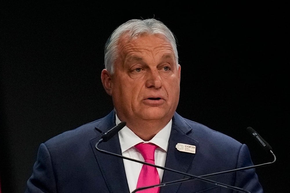 Hungary Prime Minister Viktor Orban speaks during a plenary session at the COP29 UN Climate Summit, Tuesday, November 12, 2024, in Baku, Azerbaijan (AP)