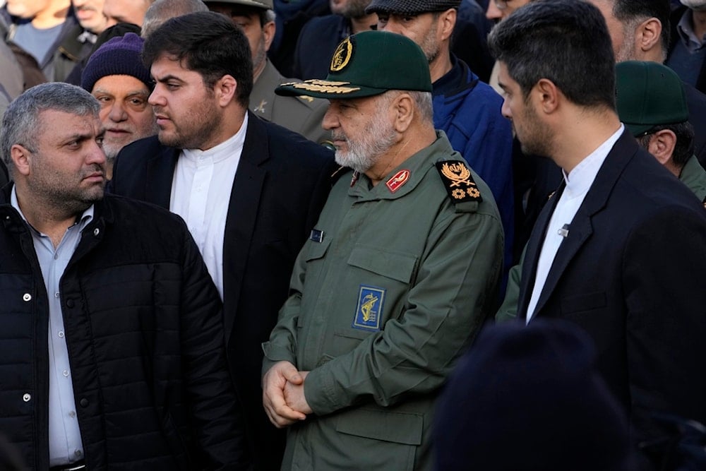 Chief of the Islamic Revolution Guard Corps General Hossein Salami attends the funeral ceremony of the Guard's members, who were killed in an air strike in Syria, in Tehran, Iran, Monday, January 22, 2024 (AP)