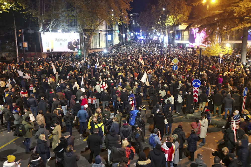 Protesters gather in a street during a rally against the results of the parliamentary elections amid allegations that the vote was rigged in Tbilisi, georgia on November 19, 2024. (AP)