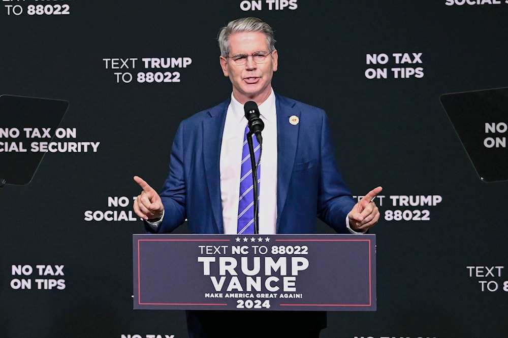 Investor Scott Bessent speaks on the economy in Asheville, N.C., on August 14, 2024. (AP)