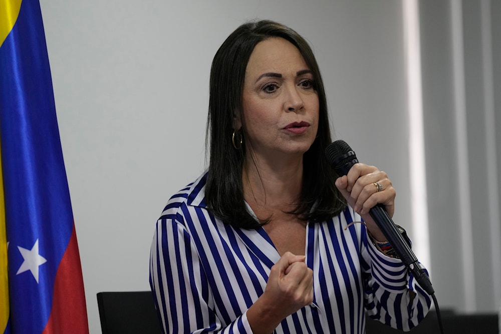 Opposition presidential hopeful Maria Corina Machado speaks during an interview with the Foreign Press Association, in Caracas, Venezuela, on September 26, 2023. (AP)