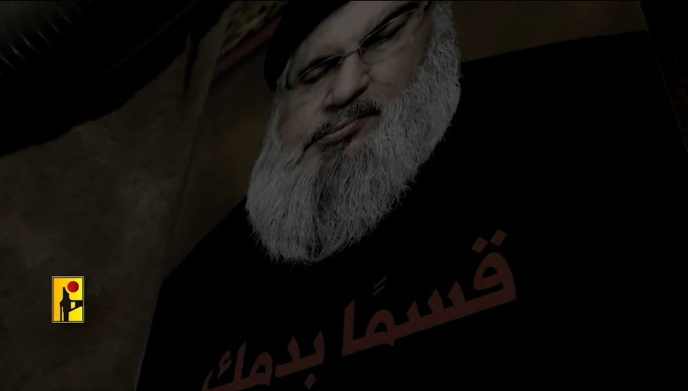 A screengrab from a video showing the Imad 5 missile facility, featuring a picture of the martyr Sayyed Hasan Nasrallah marked with the words 'We swear on your blood,' November 3, 2024.Military media