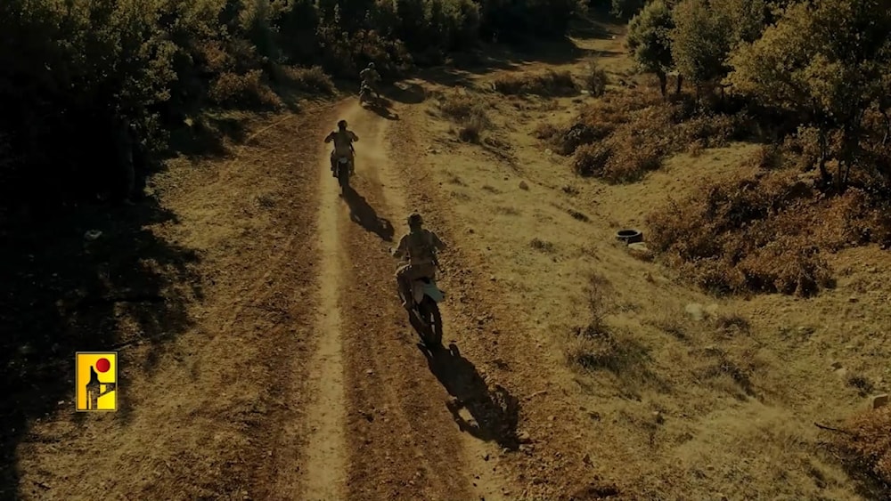 Hezbollah fighters seen on cross bikes in southern Lebanon in footage released by the resistance. (Resistance media/screengrab)