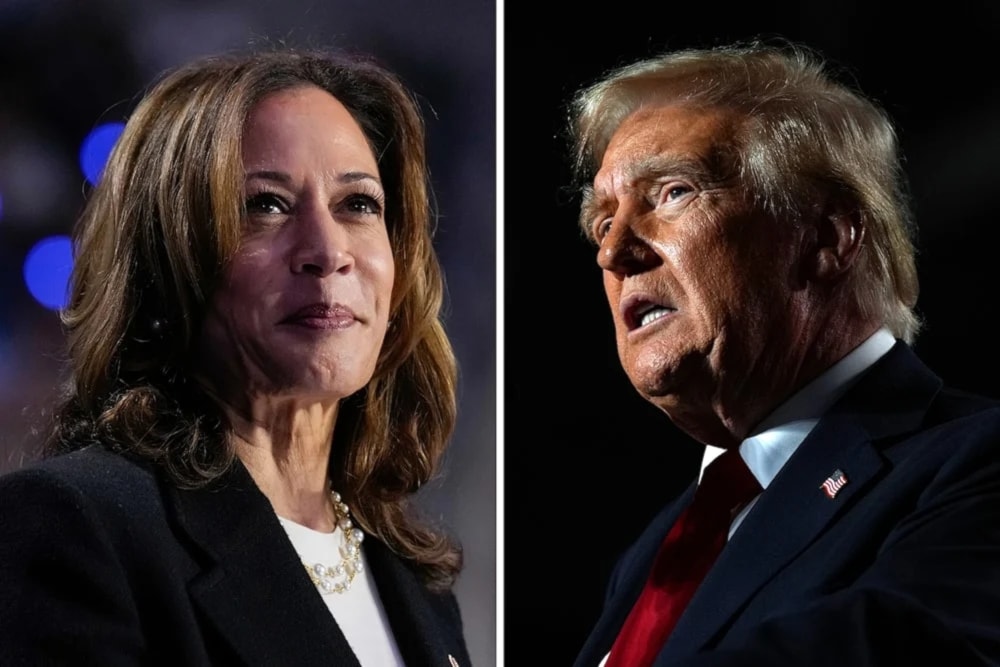 This combination of photos shows Donald Trump and Kamala Harris during a rally in Charlotte, NC. Sept.12,2024, and Republican pesidnetial nominee former Trump speaking during a rally in Warren, November 1,2024. (AP)