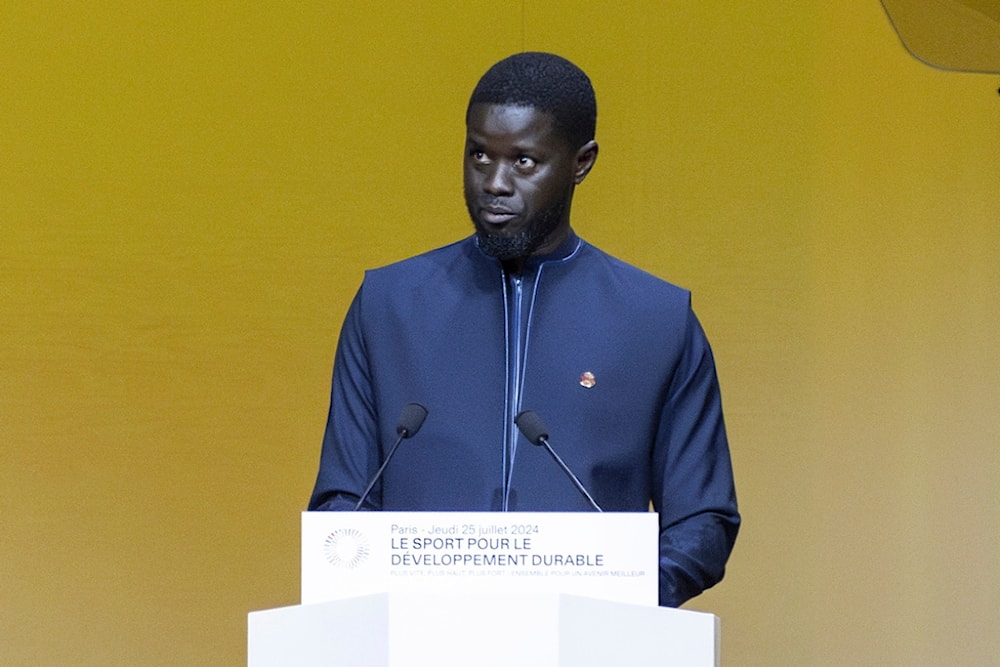 Senegal's President Bassirou Diomaye Faye addresses the audience on July 25 2024 at the Carrousel du Louvre in Paris, France. (AP)