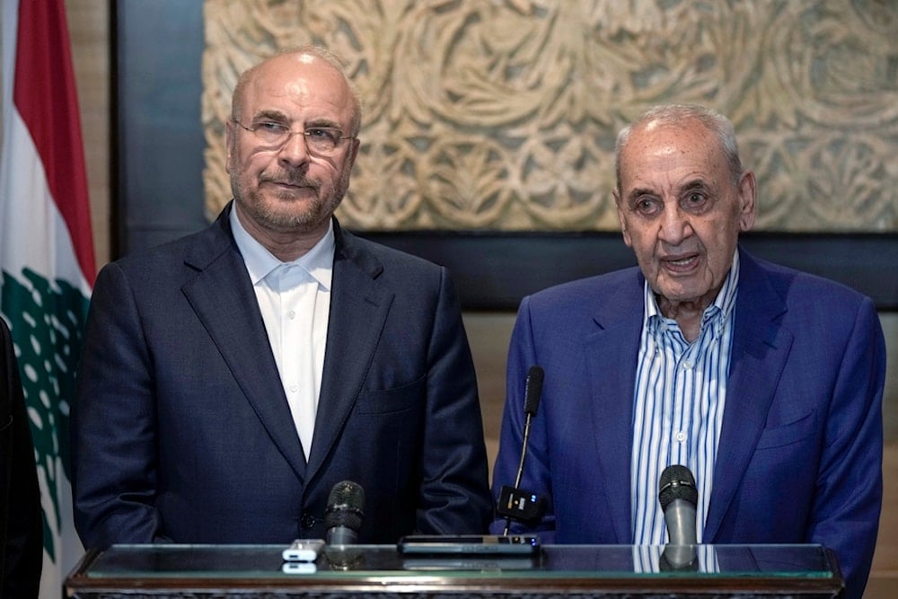 Lebanese Parliament speaker Nabih Berri, right, speaks during a joint press conference with his Iranian counterpart Mohammad Bagher Qalibaf in Beirut, Lebanon, Saturday, Oct. 12, 2024. (AP)