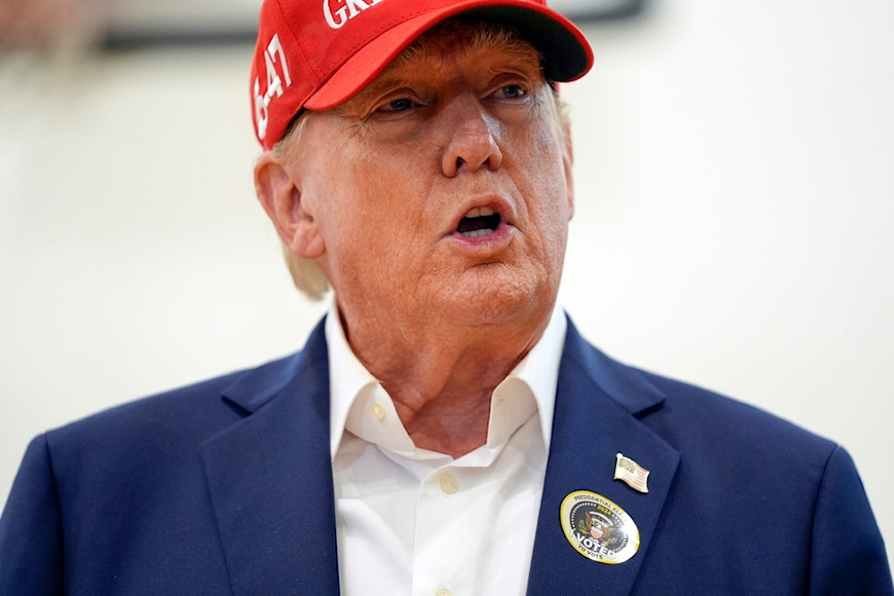 Republican presidential nominee former President Donald Trump speaks after voting on Election Day at the Morton and Barbara Mandel Recreation Center, Tuesday, November 5, 2024, in Palm Beach, Florida (AP)