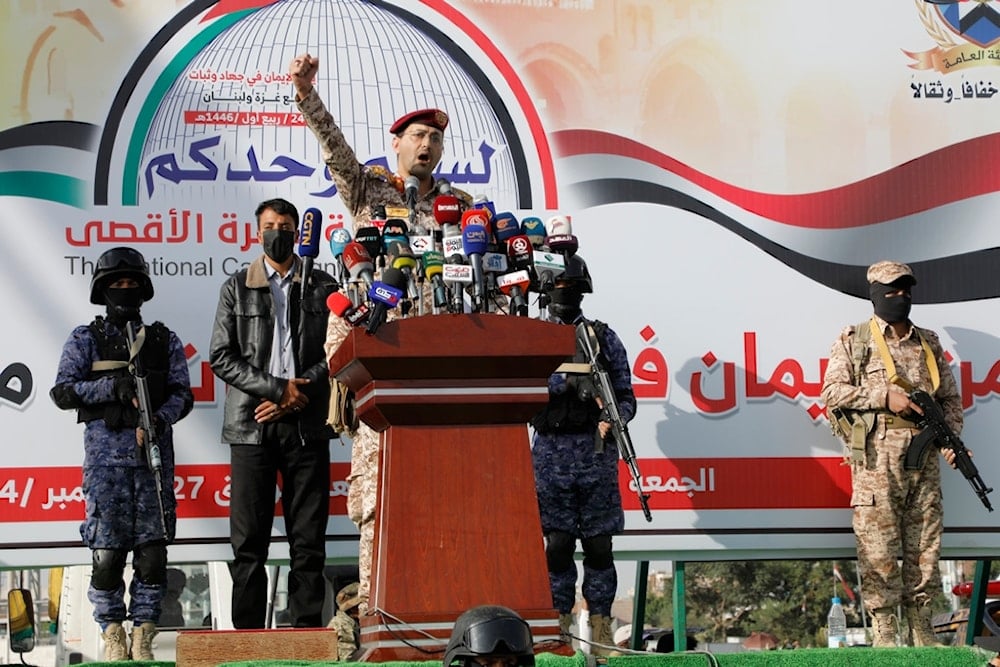 Yemeni Armed Forces spokesman Yahya Saree speaks during a rally against the US-UK and 'Israel' in Sanaa, Yemen, Friday, Sept. 27, 2024. (AP)