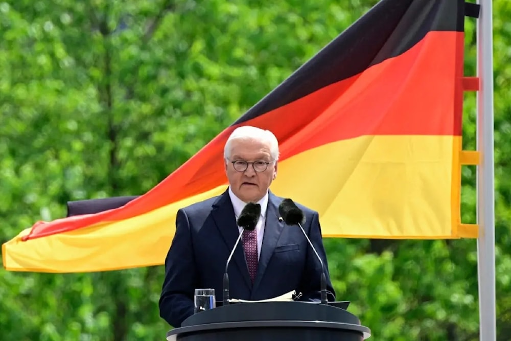 German President Frank-Walter Steinmeier delivers a speech during the state ceremony as part of celebrations to mark 75 years of the German Constitution in front of the Chancellery in Berlin, Germany on May 23, 2024. (AFP)