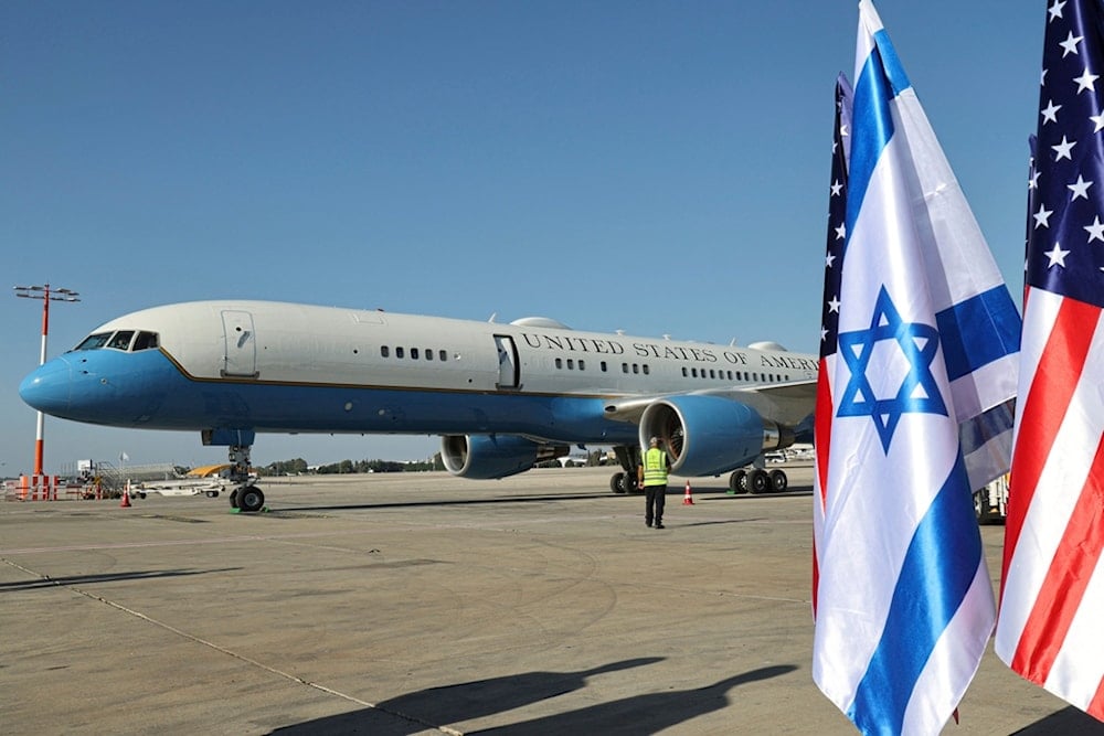 The aircraft of US Secretary of State Antony Blinken arrives at Ben Gurion airport near Tel Aviv, in occupied Palestine, on Monday, June 10, 2024 (AP)