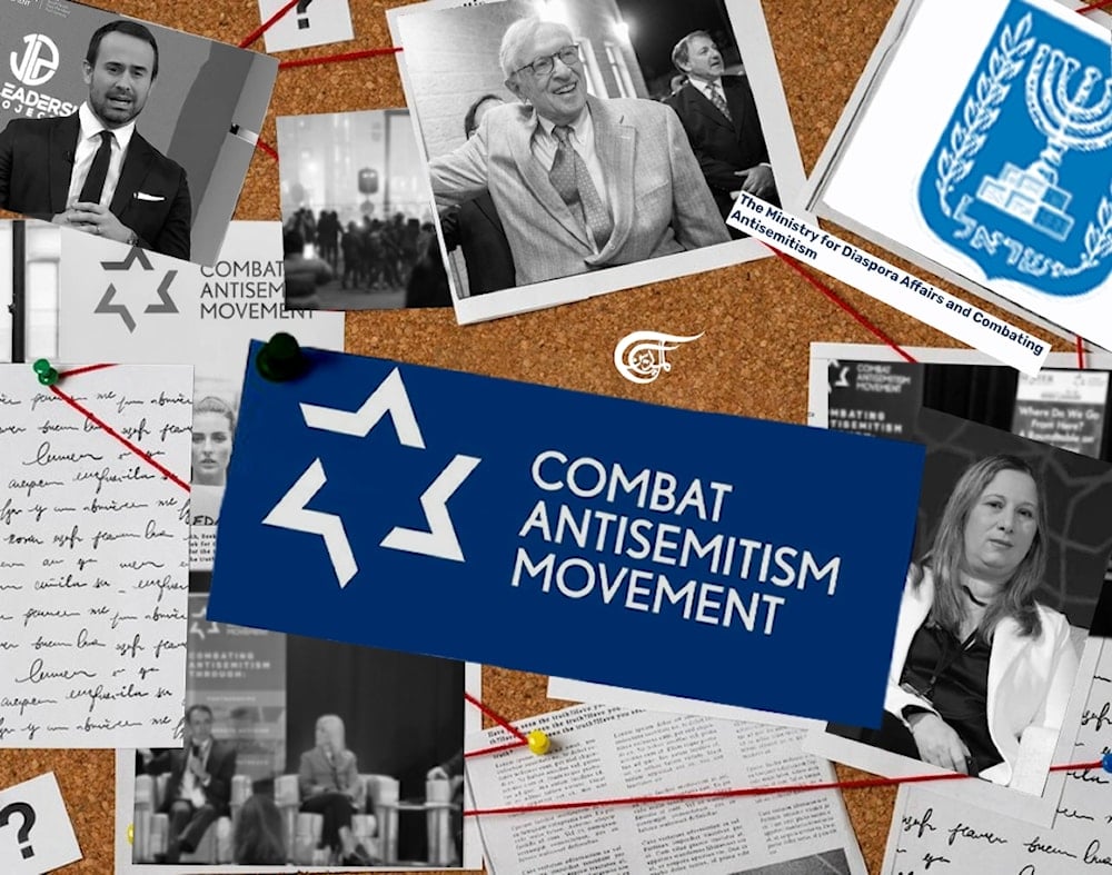 The Combat Antisemitism Movement is, in fact, a front for the Ministry of Diaspora Affairs, the regime department responsible for the global fight against the Palestine liberation movement. (Al Mayadeen English; Illustrated by Zeinab el-Hajj)