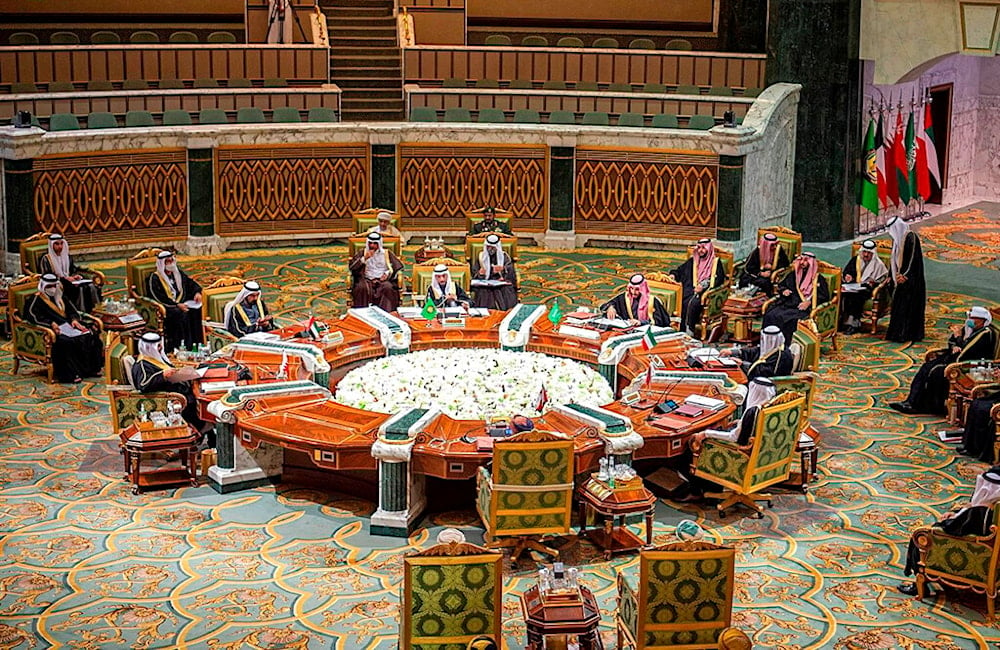 In this photo released by Saudi Royal Palace, Arab leaders of the Gulf Cooperation Council (GCC) attend their summit in Riyadh, Saudi Arabia, Tuesday, Dec. 14, 2021. (Bandar Aljaloud/Saudi Royal Palace via AP)