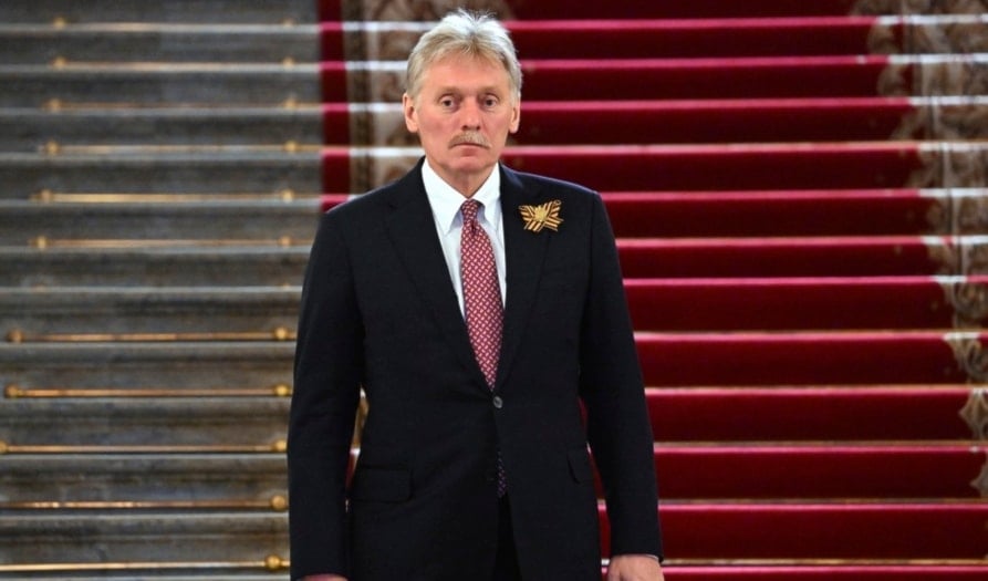 Kremlin spokesman Dmitry Peskov walks down stairs after a reception to honour of the heads of state, at the Kremlin in Moscow, Russia, Thursday, May 9, 2024. (AP)