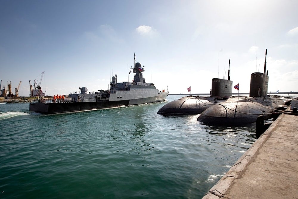 The Russian missile ship, the Veliky Ustyug, sails from the Russian naval base in Tartus, Syria, in the eastern Mediterranean, on September 26, 2019 (AP)