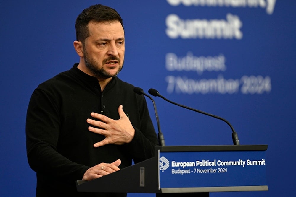 Ukraine's President Volodymyr Zelenskyy speaks during a press conference during the European Political Community (EPC) Summit at the Puskas Arena in Budapest , Hungary, Nov. 7, 2024. (AP)