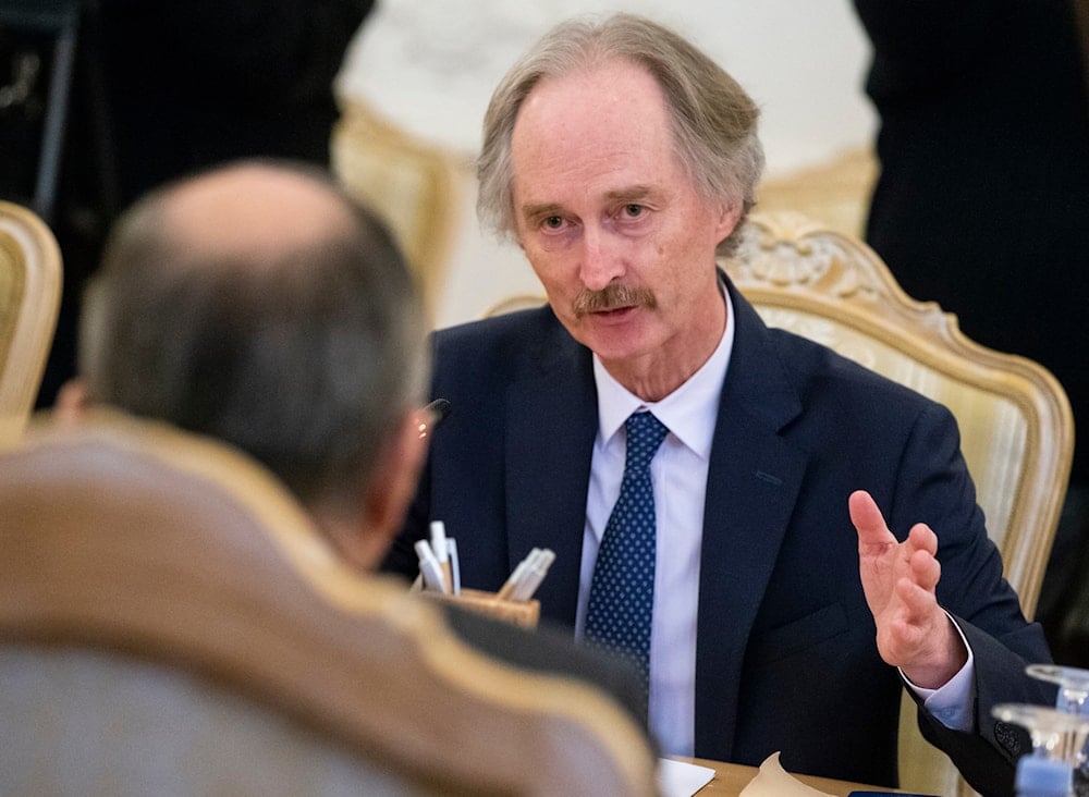 Geir Pedersen, the United Nations' new special envoy for Syria, gestures while speaking to Russian Foreign Minister Sergey Lavrov, back to a camera, during their talks in Moscow, Russia, on January 21, 2019. (AP)