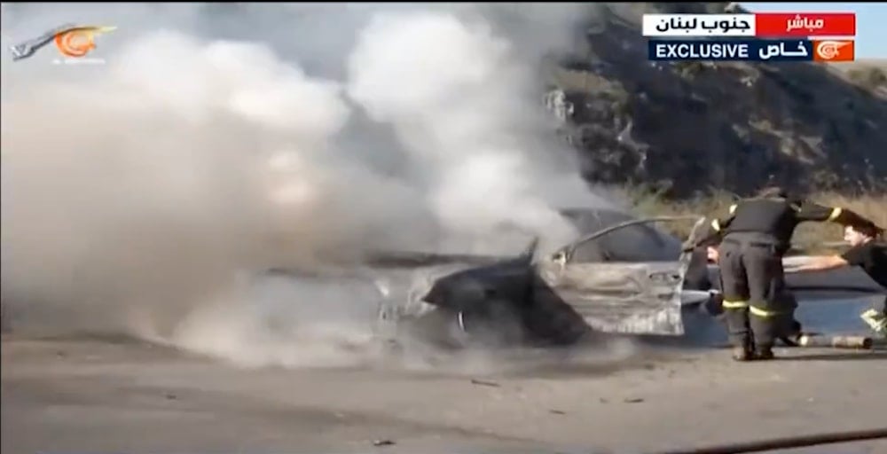 Impact of an Israeli drone that targeted a car in the al-Khardali area, south Lebanon on December 12, 2024. (ScreenGrab)