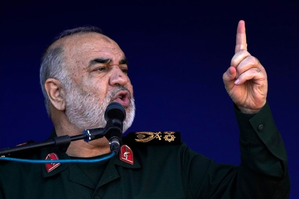  The Commander-in-Chief of the Islamic Revolution Guard Corps in Iran, Major General Hossein Salami, addresses the funeral ceremony of the victims of the Kerman twin terroist bombing in Kerman, Iran on Friday January 5,2024. (AP)