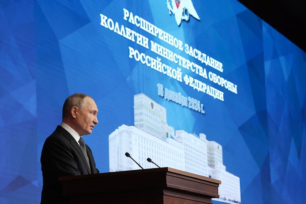 Russian President Vladimir Putin speaks at an expanded meeting of the Defence Ministry Board at the National Defence Control Centre in Moscow, Russia, Monday, Dec. 16, 2024. (AP)