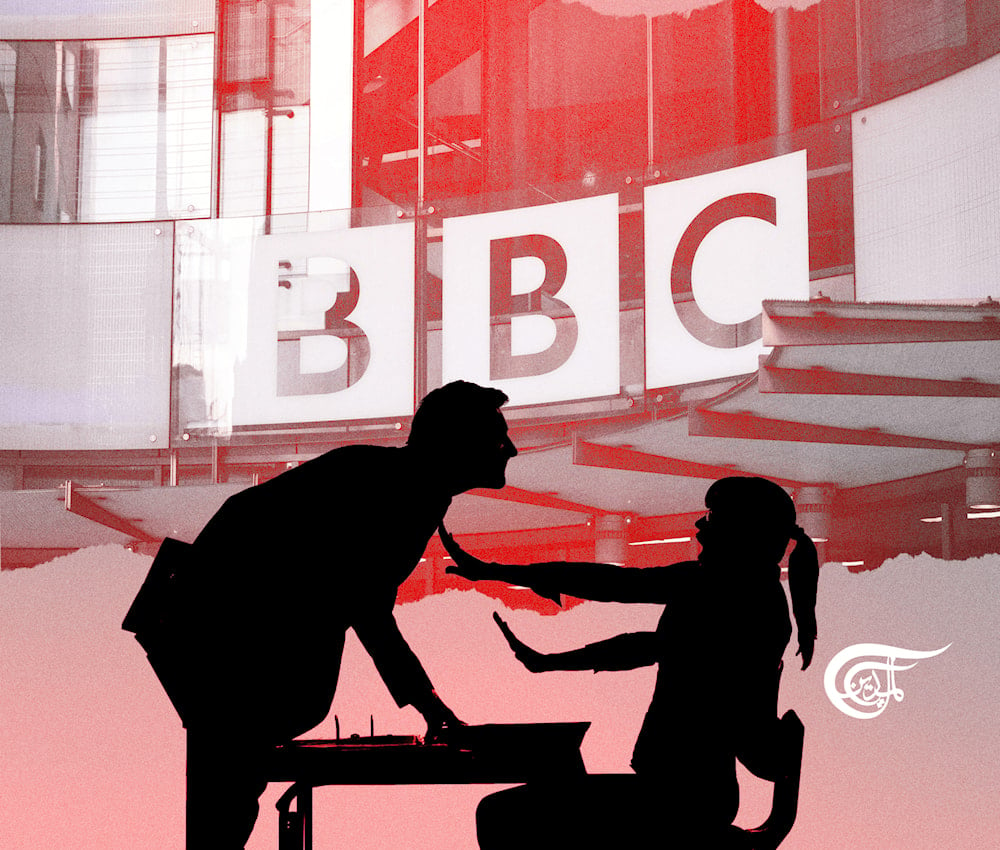 Those in positions of power and authority at the corporation promised a root-and-branch review of the BBC's culture and processes. But nothing seems to have changed. (Al Mayadeen English; Illustrated by Mahdi Rtail)