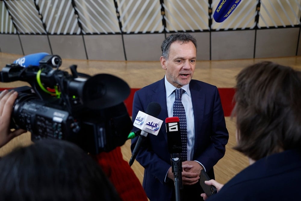 Netherlands' Foreign Minister Caspar Veldkamp speaks to the press after arriving for a meeting of EU foreign ministers at the European Council building in Brussels on Nov. 18, 2024. (AP)