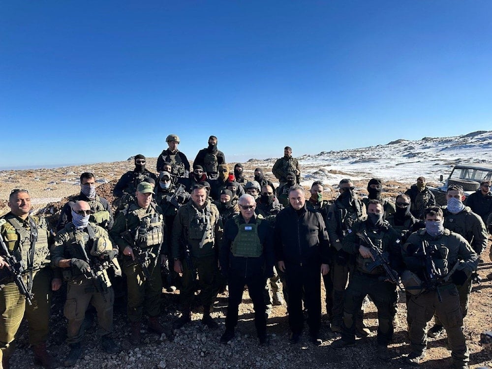 Israeli Security Minister Israel Katz, Prime Minister Benjamin Netanyahu, IOF Chief of Staff Herzi Halevi, Shin Bet Director Ronen Bar, and Northern Command Chief Ori Gordin on Mount Hermon in the occupied Golan on December 17, 2024 (Social media)