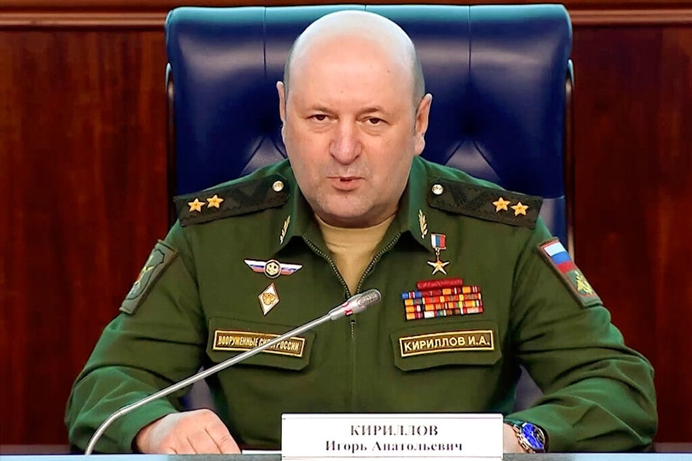 The head of the radiation, chemical and biological defense troops of the Russian Armed Forces Lt. Gen. Igor Kirillov speaks during a Russian Defense Ministry Press Service on Feb. 28, 2023. (AP)