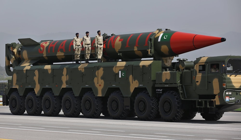 A nuclear-capable Pakistani Shaheen-III missile is carried on a trailer during a military parade in Islamabad, Pakistan, March 25, 2021. (AP)