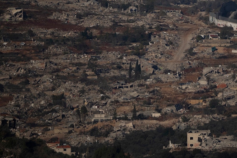 Destroyed buildings in an area of the village of Kfar Kila in southern Lebanon, located next to the Palestinian-Lebanese border, as seen from northern 