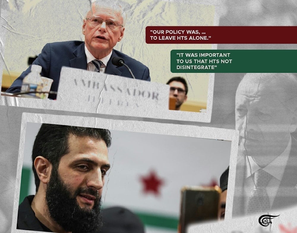 In a 2021 interview with Frontline by former US special representative James Jeffrey, he says he had engaged with [HTS] via backchannels while serving in President Trump’s State Department. (Al Mayadeen English; Illustrated by Batoul Chamas)