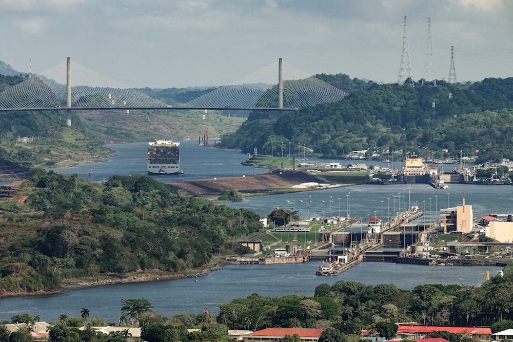 A cargo ship sails through Miraflores locks in the Panama Canal in Panama City, on May 3, 2024. (AP)