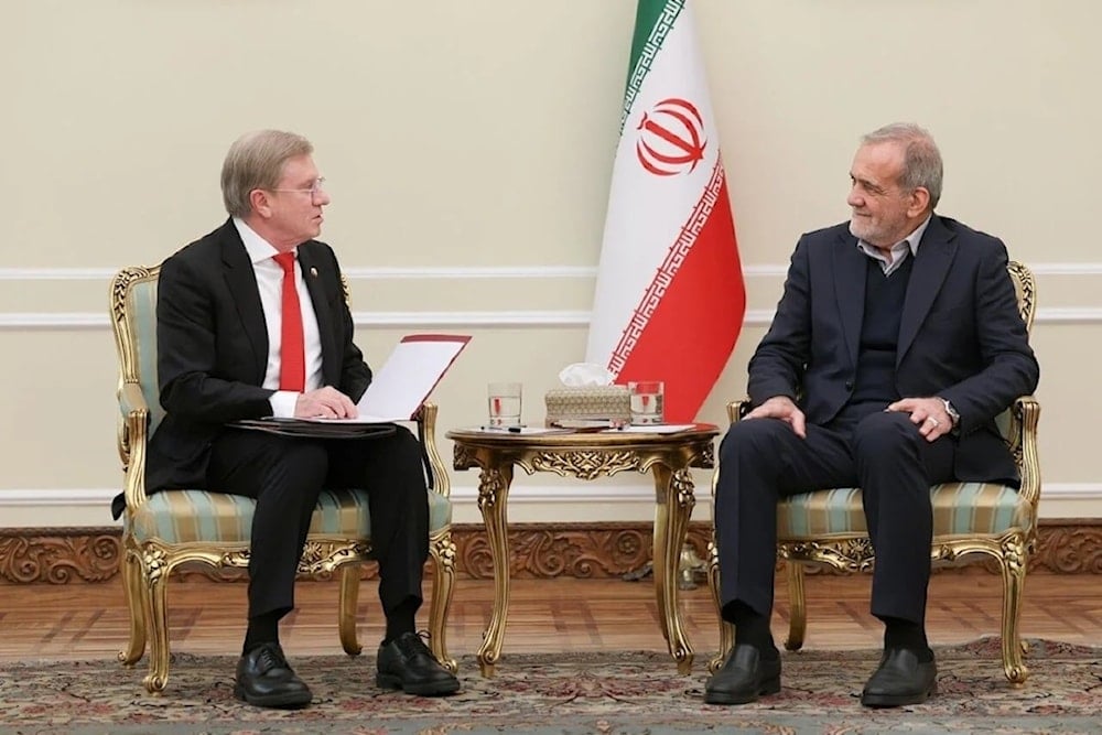 Iranian President Masoud Pezeshkian (R) and Russian Deputy Prime Minister for Transport Vitaly Gennadyevich Savelyev meet in Tehran on December 23, 2024. (Photo by president.ir)