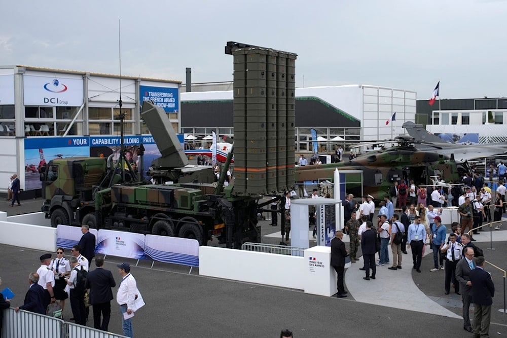 The SAMP/T also called MAMBA missile launcher is displayed at the Paris Air Show in Le Bourget, north of Paris, France, Tuesday, June 20, 2023. (AP Photo/Lewis Joly)