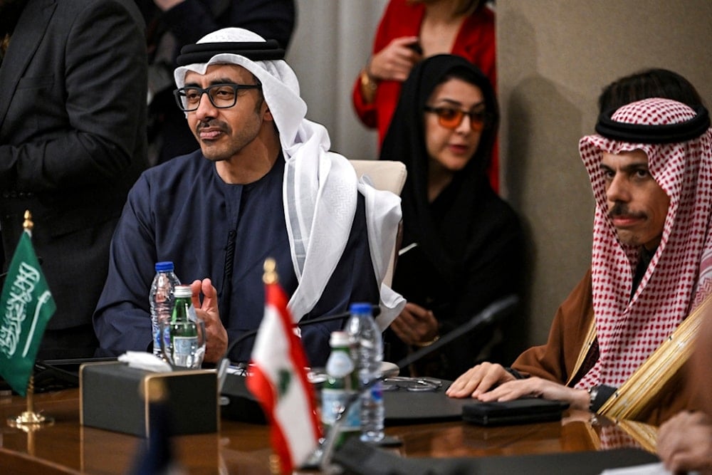 The UAE's Foreign Minister and Saudi Arabia's Foreign Minister during a meeting with the foreign ministers of the Arab Contact Group on Syria in Jordan's southern Red Sea coastal city of Aqaba, Saturday, December 14, 2024 (AP)