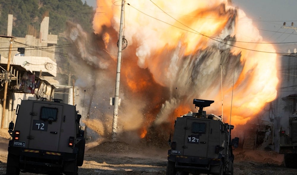 An explosive devise planted by Palestinian Resistance explodes in the Nur Shams refugee camp near the West Bank city of Tulkarm, Tuesday, Dec. 24, 2024. (AP)