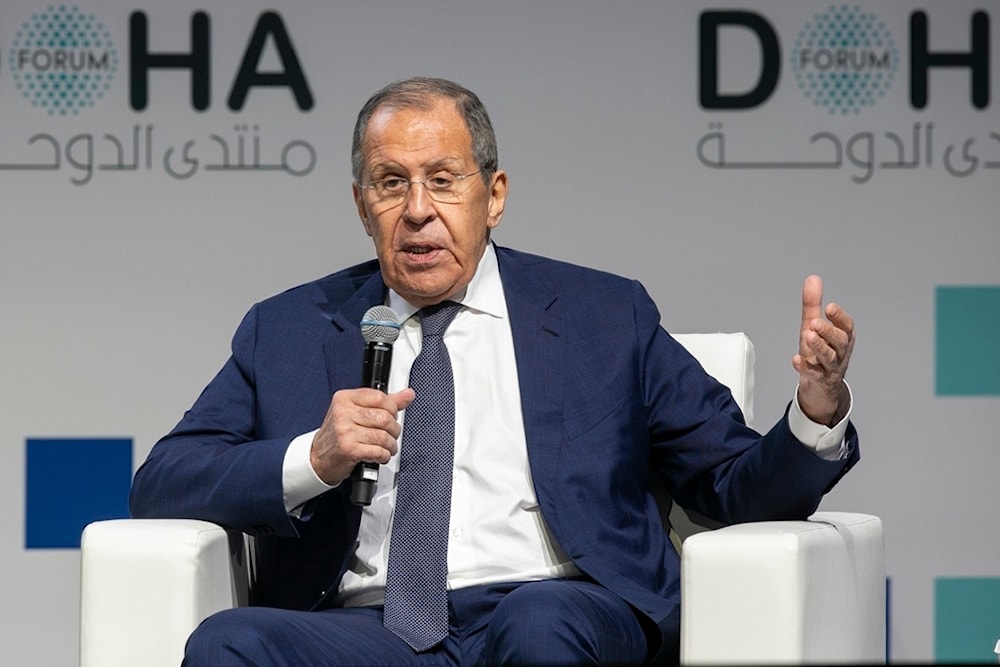 Russian Foreign Minister Sergey Lavrov gestures as he speaks at the Doha Forum in Doha, Qatar, on Saturday Dec. 7, 2024. (AP Photo/Hussein Sayed)