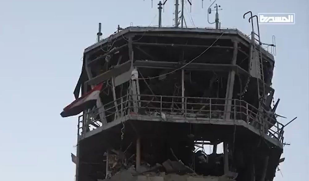 A screengrab showing the destroyed control tower at the targeted terminal of the Sanaa International Airport following the US-supported Israeli aggression on Yemen, on December 26, 2024. (Social media)