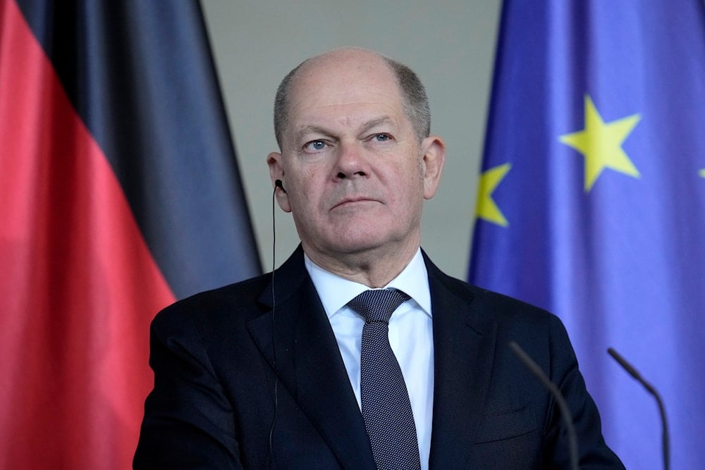 German Chancellor Olaf Scholz attends a joint press conference with Estonian Prime Minister Kristen Michal in the chancellory in Berlin, on December 20, 2024. (AP)