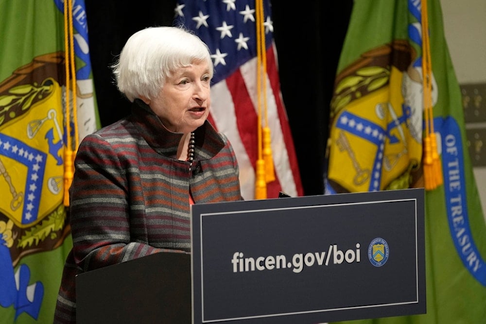 US Treasury Secretary Janet Yellen speaks during a visit to the Financial Crimes Enforcement Network (FinCEN) in Vienna, Virginia, on January 8, 2024 (AP)