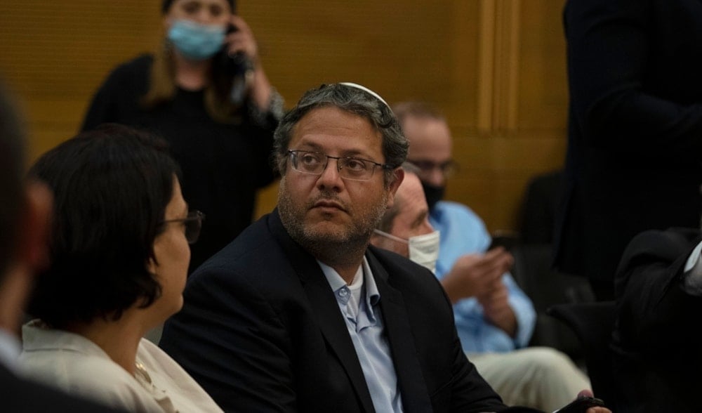 Israeli police minister Itamar Ben-Gvir is on hand for a speech by Prime Minister Benjamin Netanyahu at the Knesset in occupied al-Quds, Monday June 14,2021. (AP)