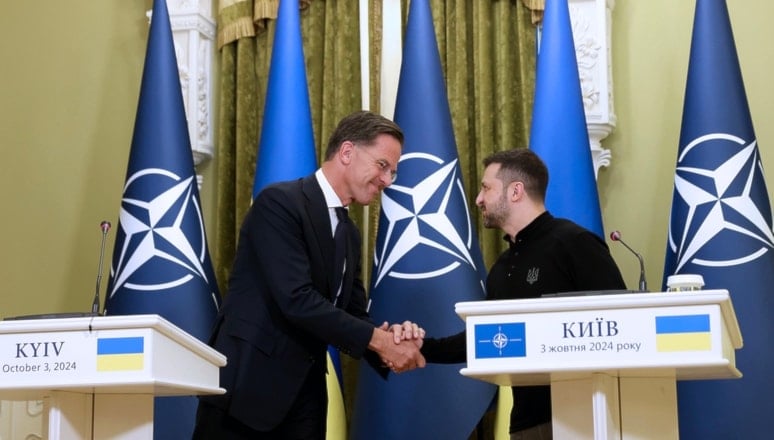 NATO Secretary General Mark Rutte with Ukrainian President Volodymyr Zelenskyy in Kiev during his first official visit as Secretary General on 3 October 2024. (NATO)