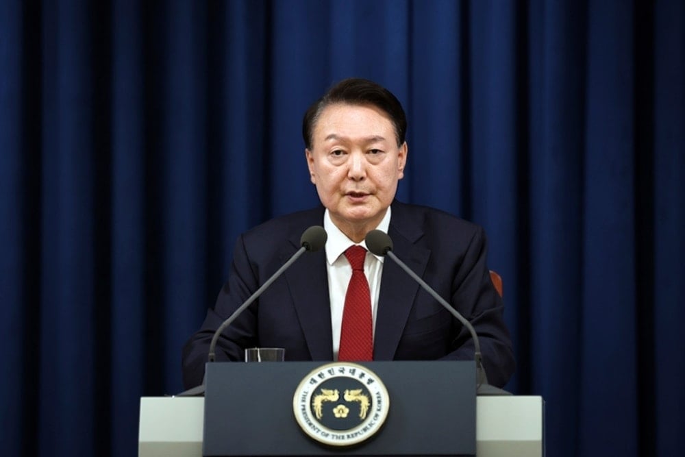 South Korean President Yoon Suk Yeol speaks during a press briefing at the presidential office in Seoul, South Korea, Tuesday December 3, 2024. (AP)